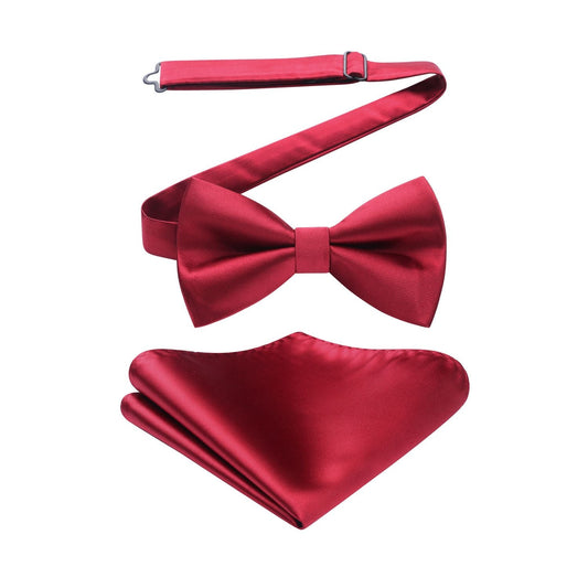 Hisdern Burgundy Solid Pre-Tied Bow Tie Accessories Set For Evening Wear