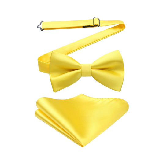 Hisdern Lemon Yellow Solid Pre-Tied Bow Tie Accessories Set For Evening Wear