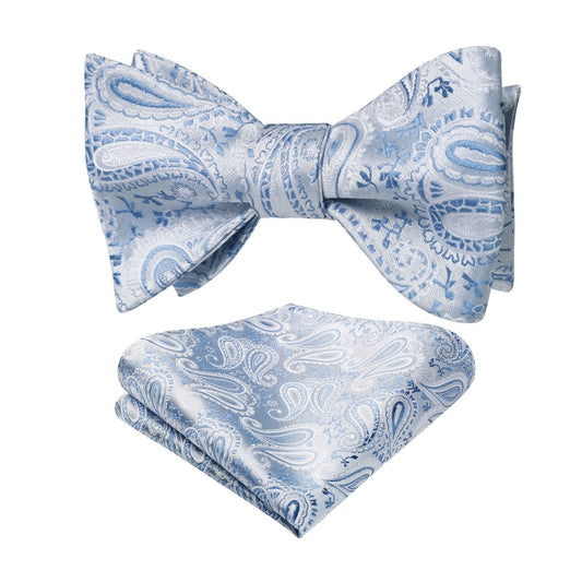 Hisdern Silver Blue Paisley Bow Tie Set For Evening Wear
