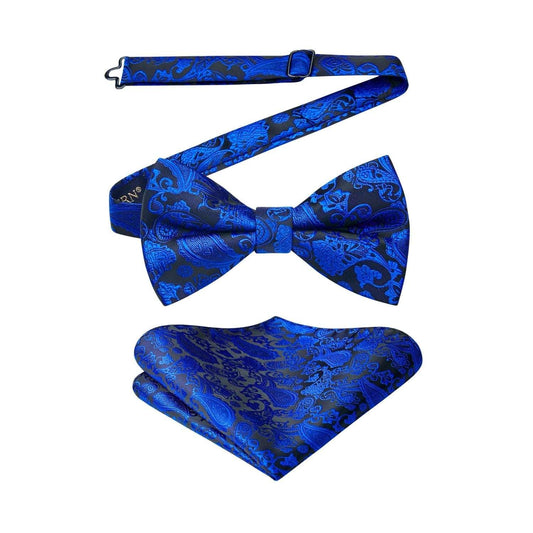 Hisdern Royal Blue Paisley Pre-Tied Bow Tie Set for Wedding