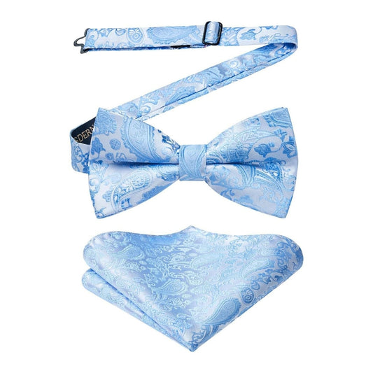 Hisdern Sky Blue Paisley Pre-Tied Bow Tie Set for Wedding