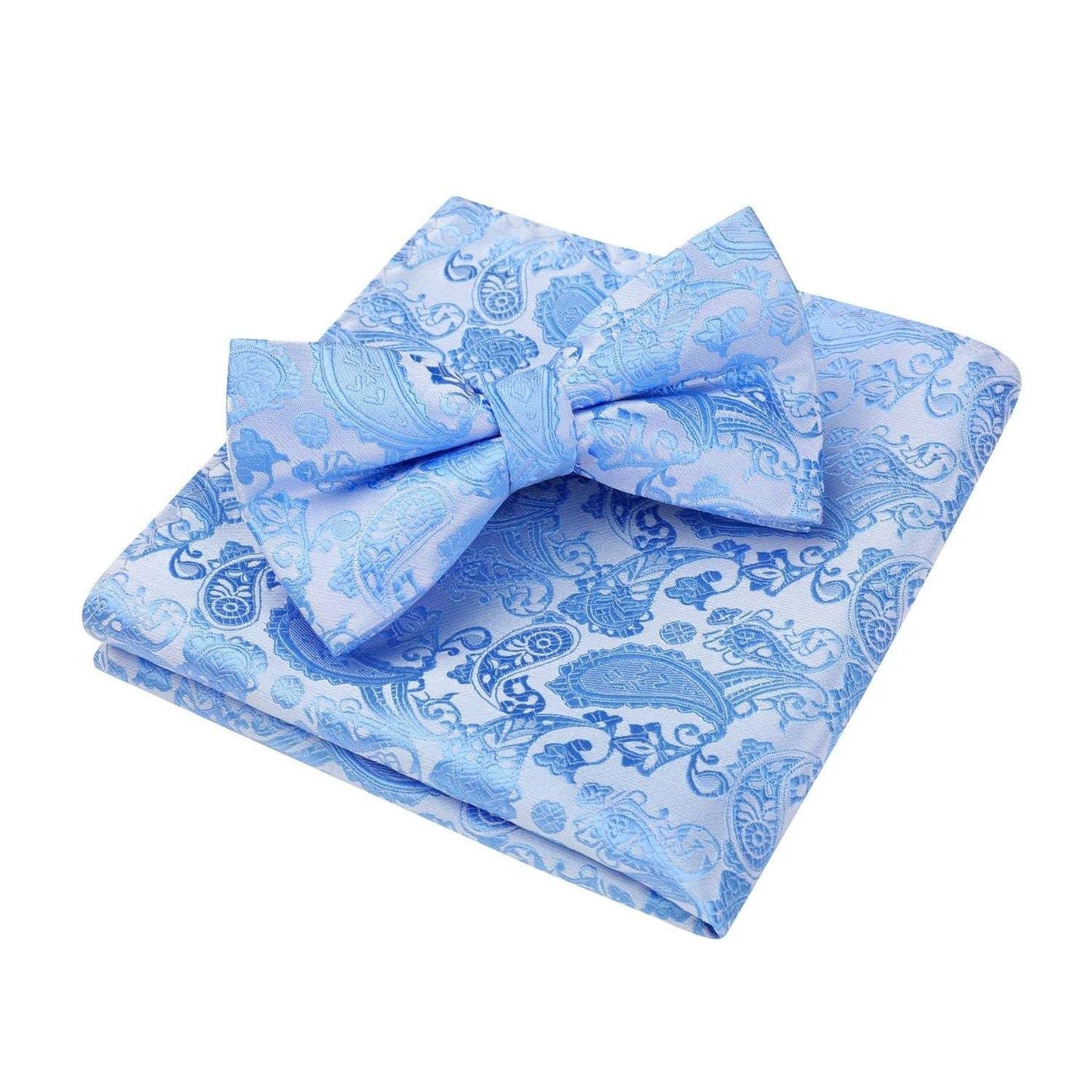 Hisdern Sky Blue Paisley Pre-Tied Bow Tie Set for Wedding