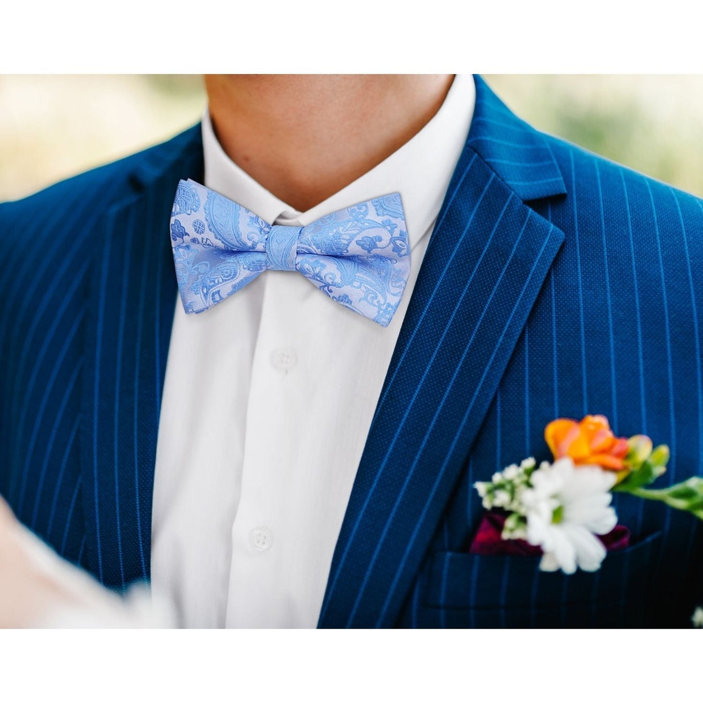 Hisdern Sky Blue Paisley Pre-Tied Bow Tie Set for Wedding