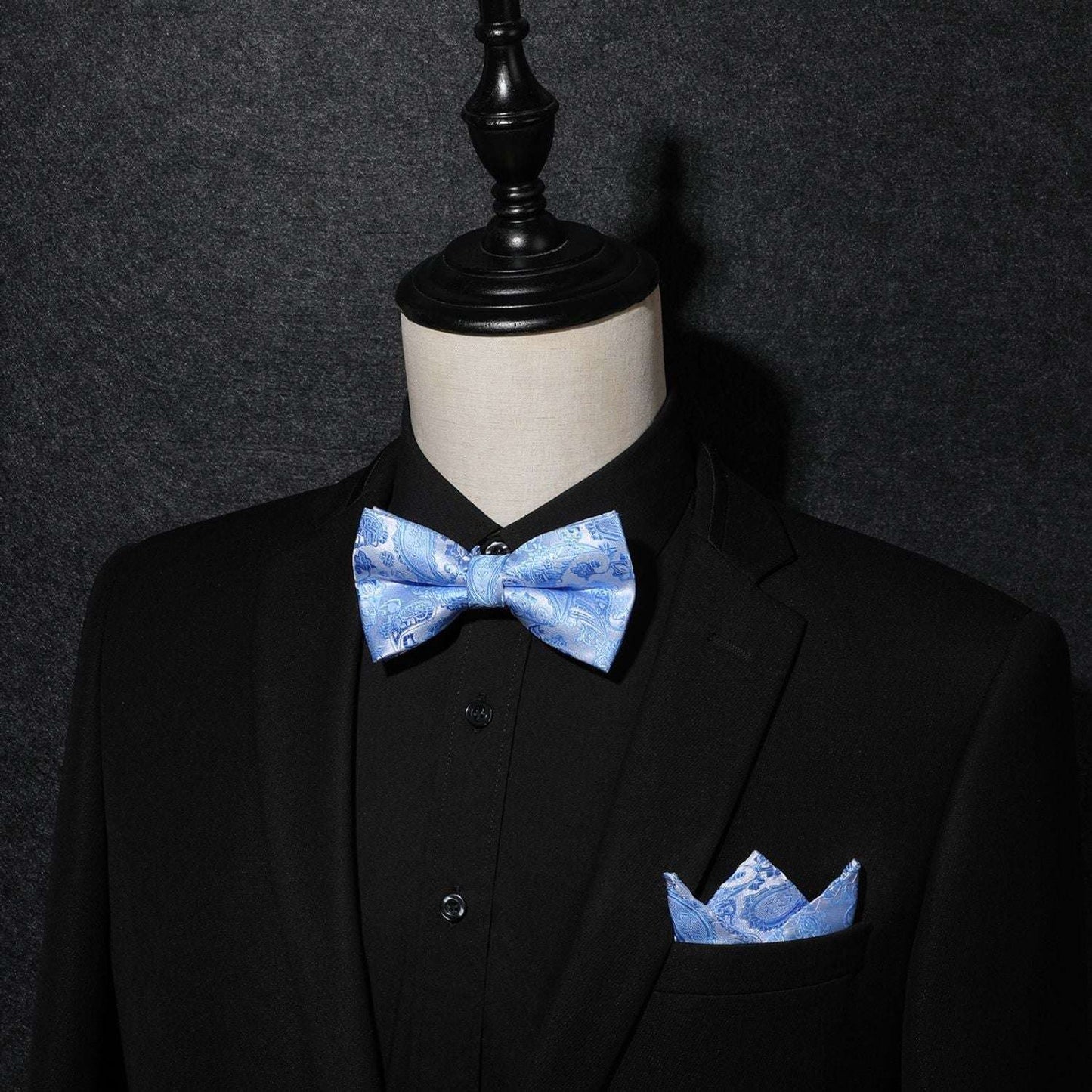 Hisdern Sky Blue Paisley Pre-Tied Bow Tie Set for Wedding