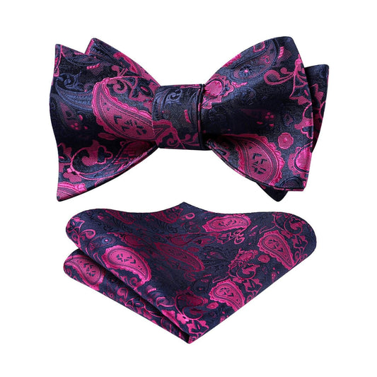 Hisdern Plum Navy Blue Paisley Bow Tie Set For Evening Wear