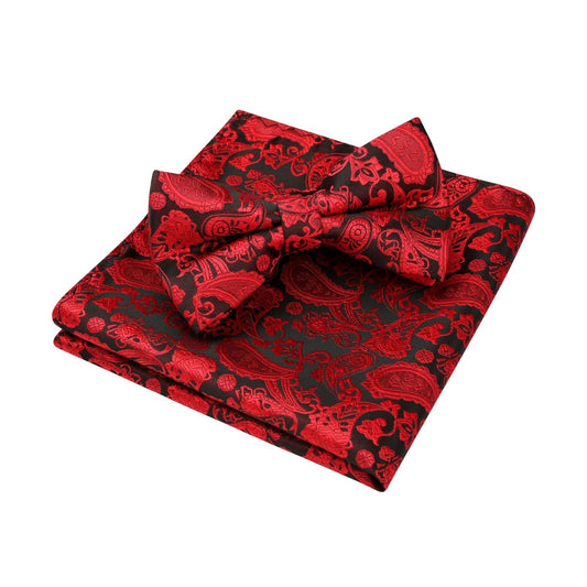 Hisdern Vintage Red Paisley Pre-Tied Bow Tie Set for Wedding