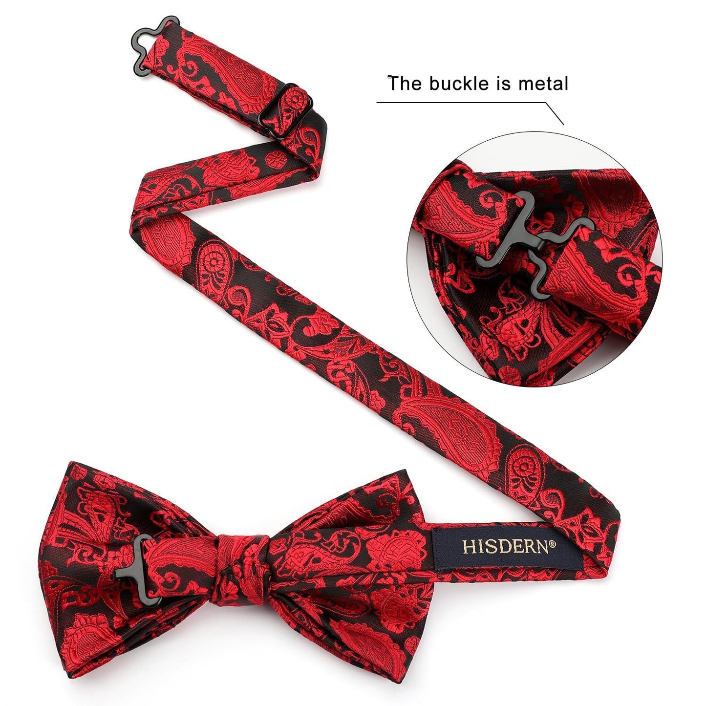 Hisdern Vintage Red Paisley Pre-Tied Bow Tie Set for Wedding
