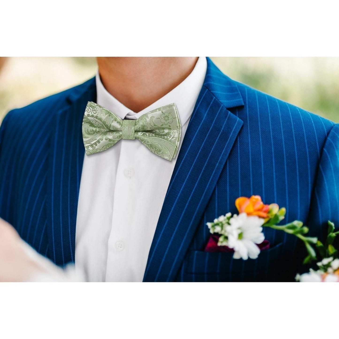 Hisdern Sage Green Floral Pre-Tied Bow Tie Accessories Set For Evening Wear