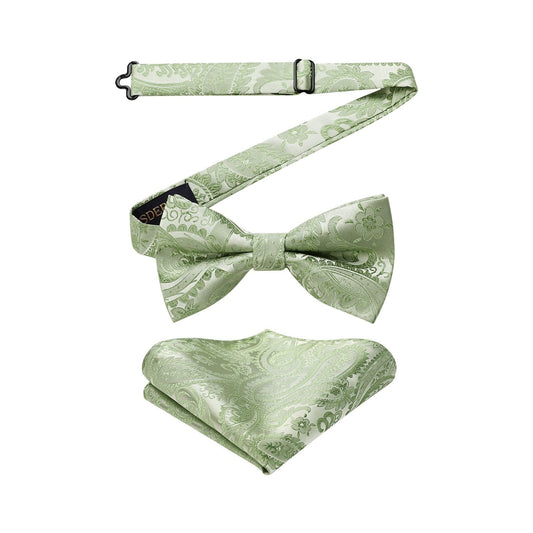 Hisdern Sage Green Floral Pre-Tied Bow Tie Accessories Set For Evening Wear