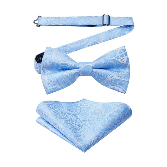 Hisdern Baby Blue Paisley Pre-Tied Bow Tie Set for Wedding