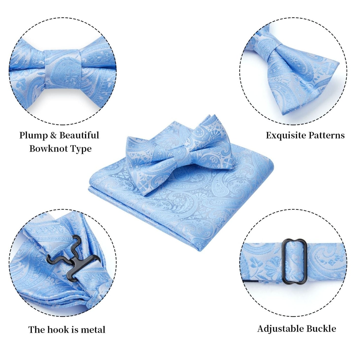 Hisdern Baby Blue Paisley Pre-Tied Bow Tie Set for Wedding