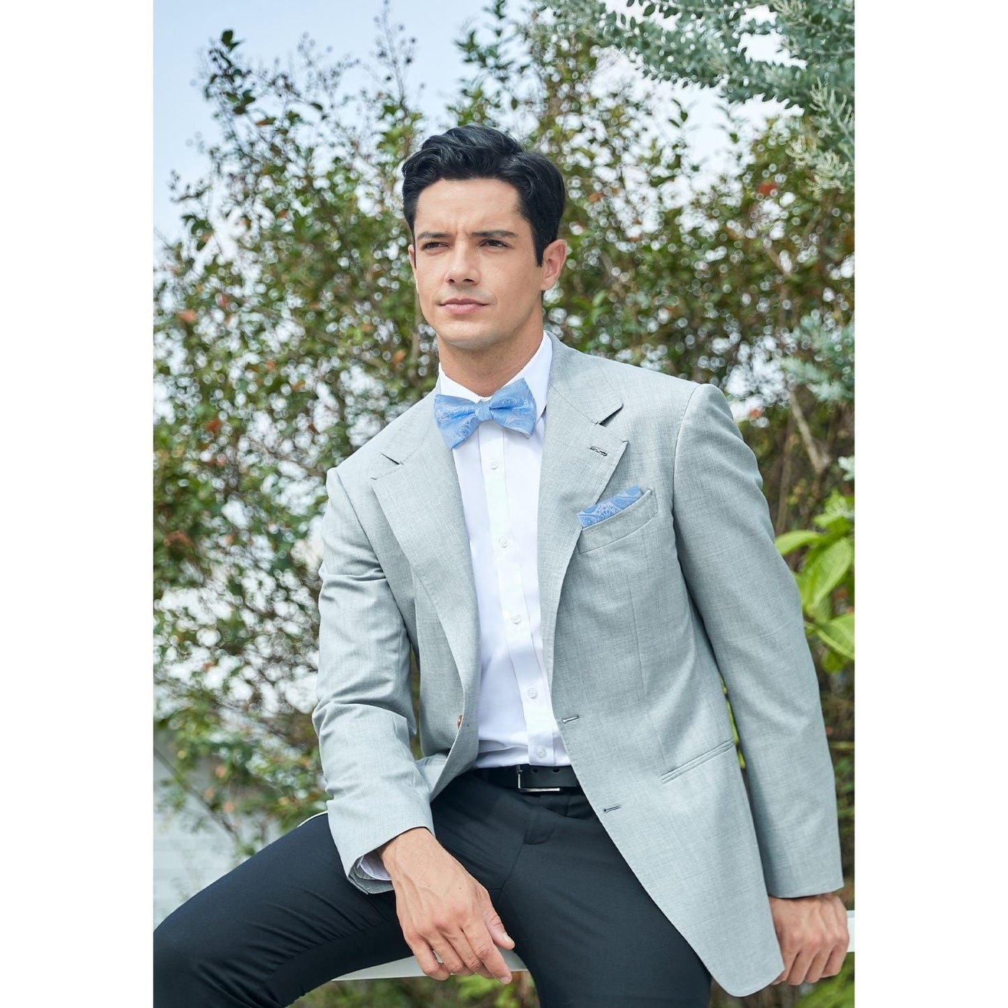 Hisdern Baby Blue Paisley Pre-Tied Bow Tie Set for Wedding