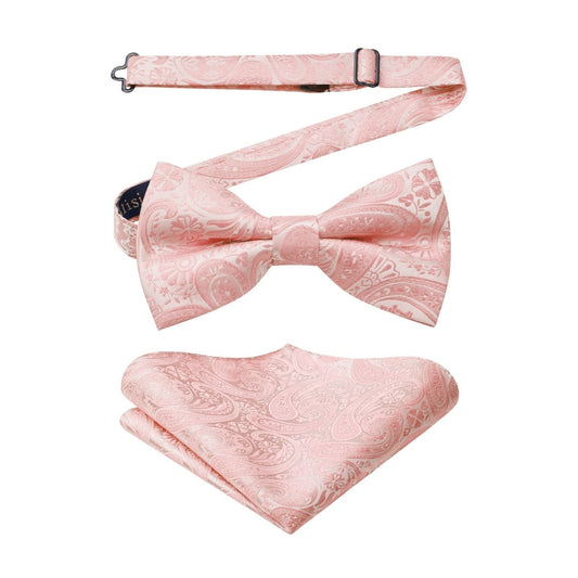 Hisdern Baby Pink Paisley Pre-Tied Bow Tie Set for Wedding