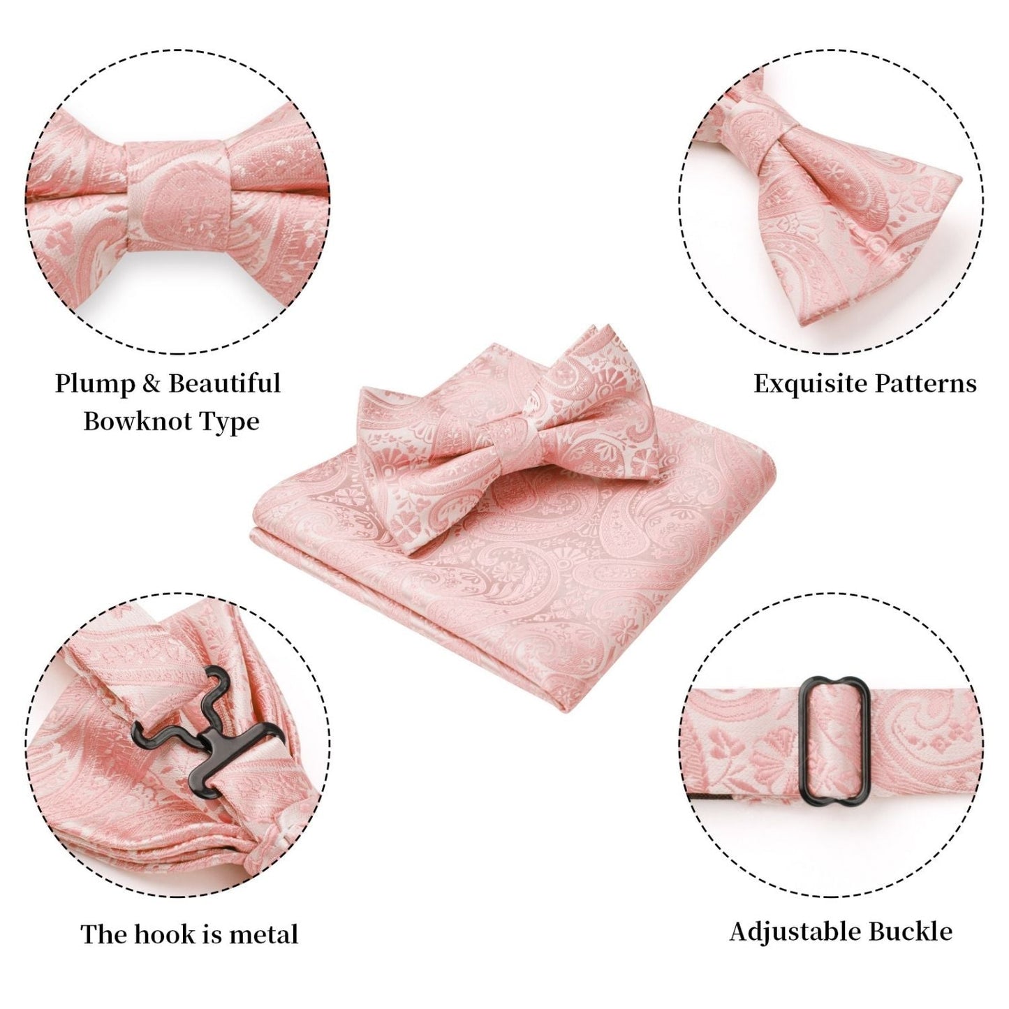 Hisdern Baby Pink Paisley Pre-Tied Bow Tie Set for Wedding