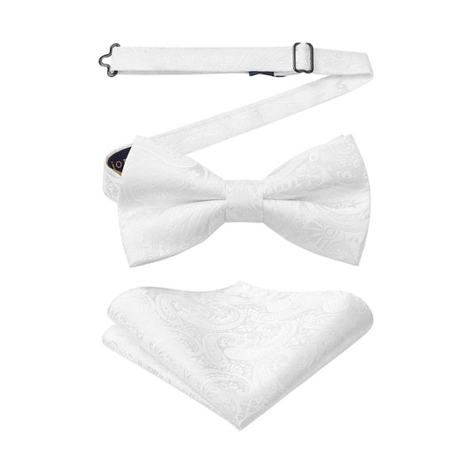 Hisdern Vintage White Paisley Pre-Tied Bow Tie Set for Wedding