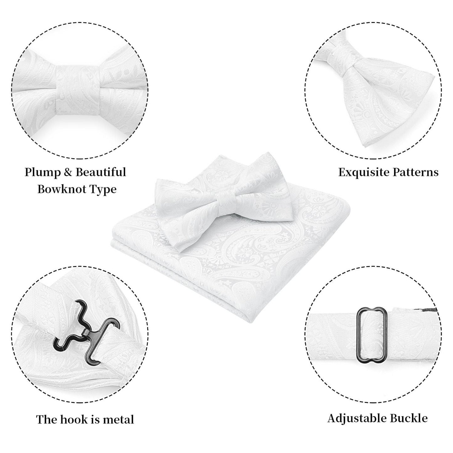 Hisdern Vintage White Paisley Pre-Tied Bow Tie Set for Wedding