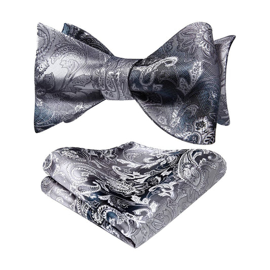 Hisdern Grey Paisley Bow Tie Set For Evening Wear