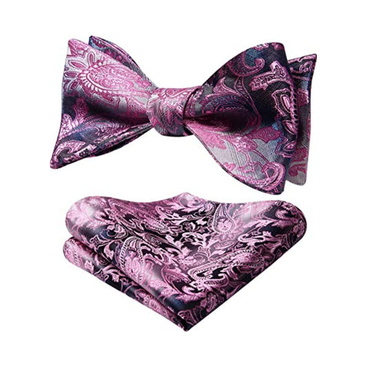 Hisdern Pink Black Paisley Bow Tie Set For Evening Wear