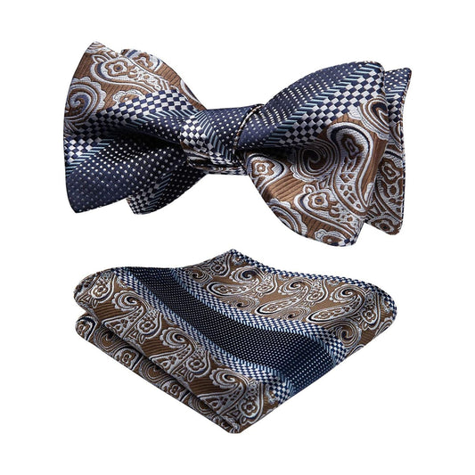 Hisdern Brown Blue Paisley Bow Tie Set For Evening Wear