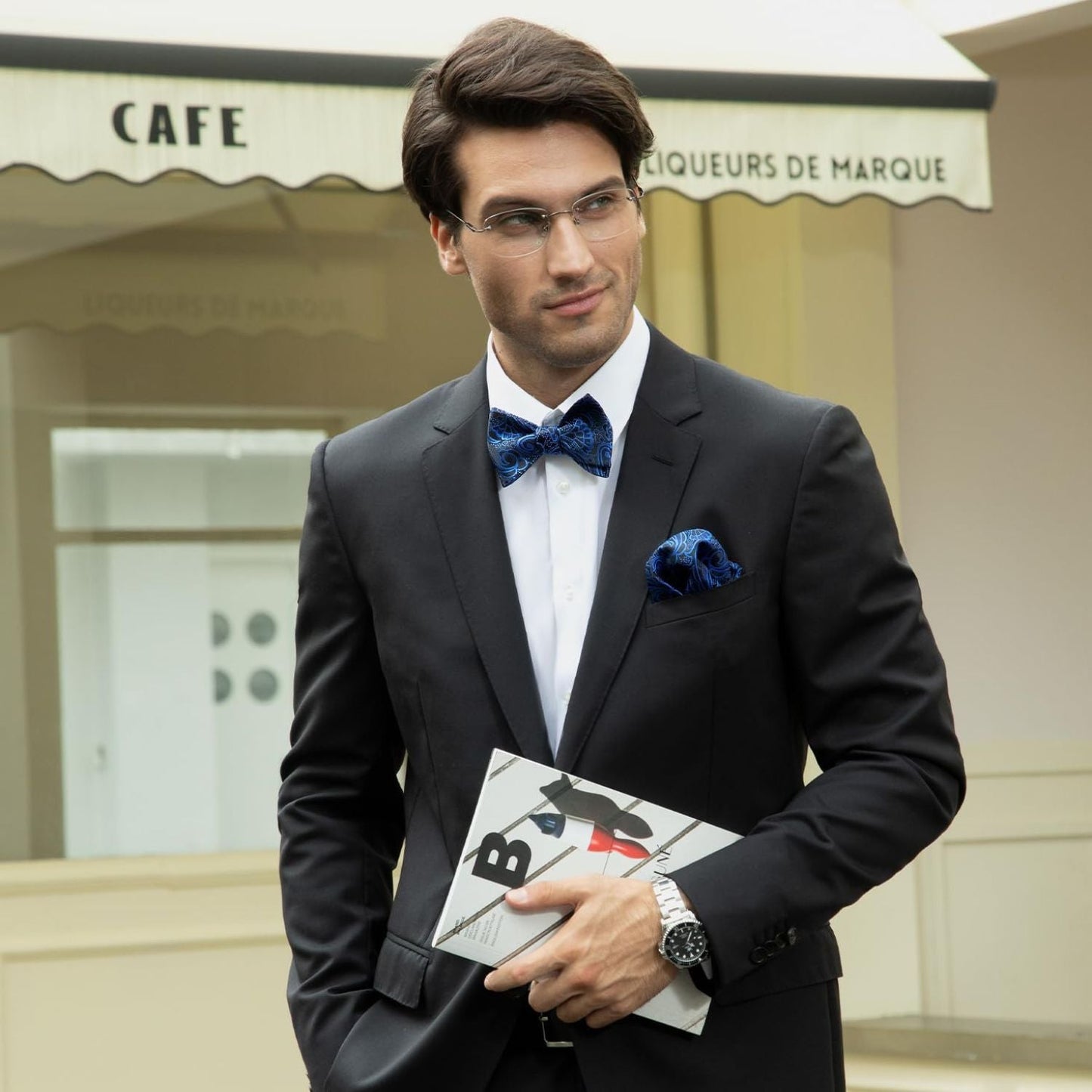 Hisdern Blue Black Paisley Bow Tie Set For Evening Wear