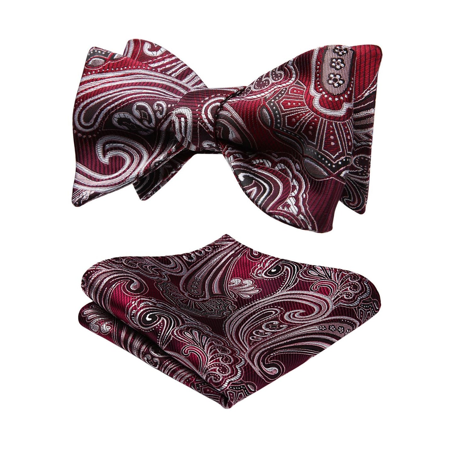 Hisdern Burgundy Grey Paisley Bow Tie Set For Evening Wear