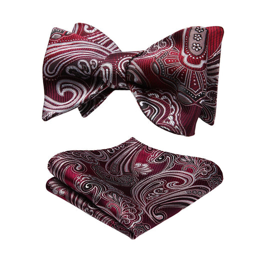 Hisdern Burgundy Grey Paisley Bow Tie Set For Evening Wear