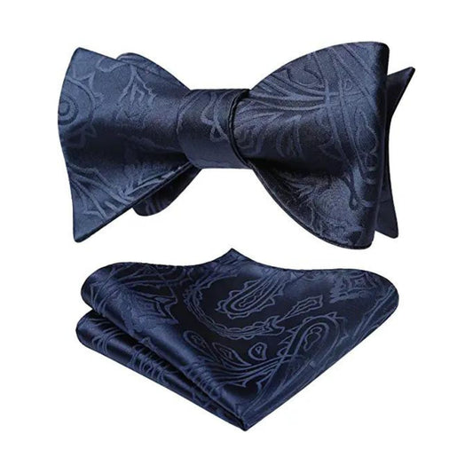 Hisdern Navy Blue Paisley Bow Tie Set For Evening Wear