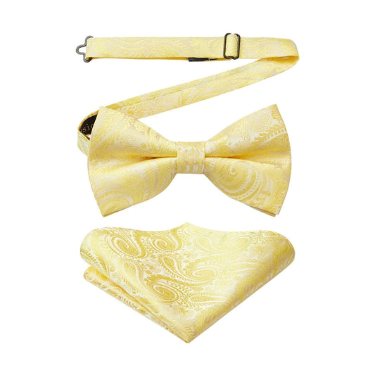 Hisdern Yellow Paisley Pre-Tied Bow Tie Set for Wedding