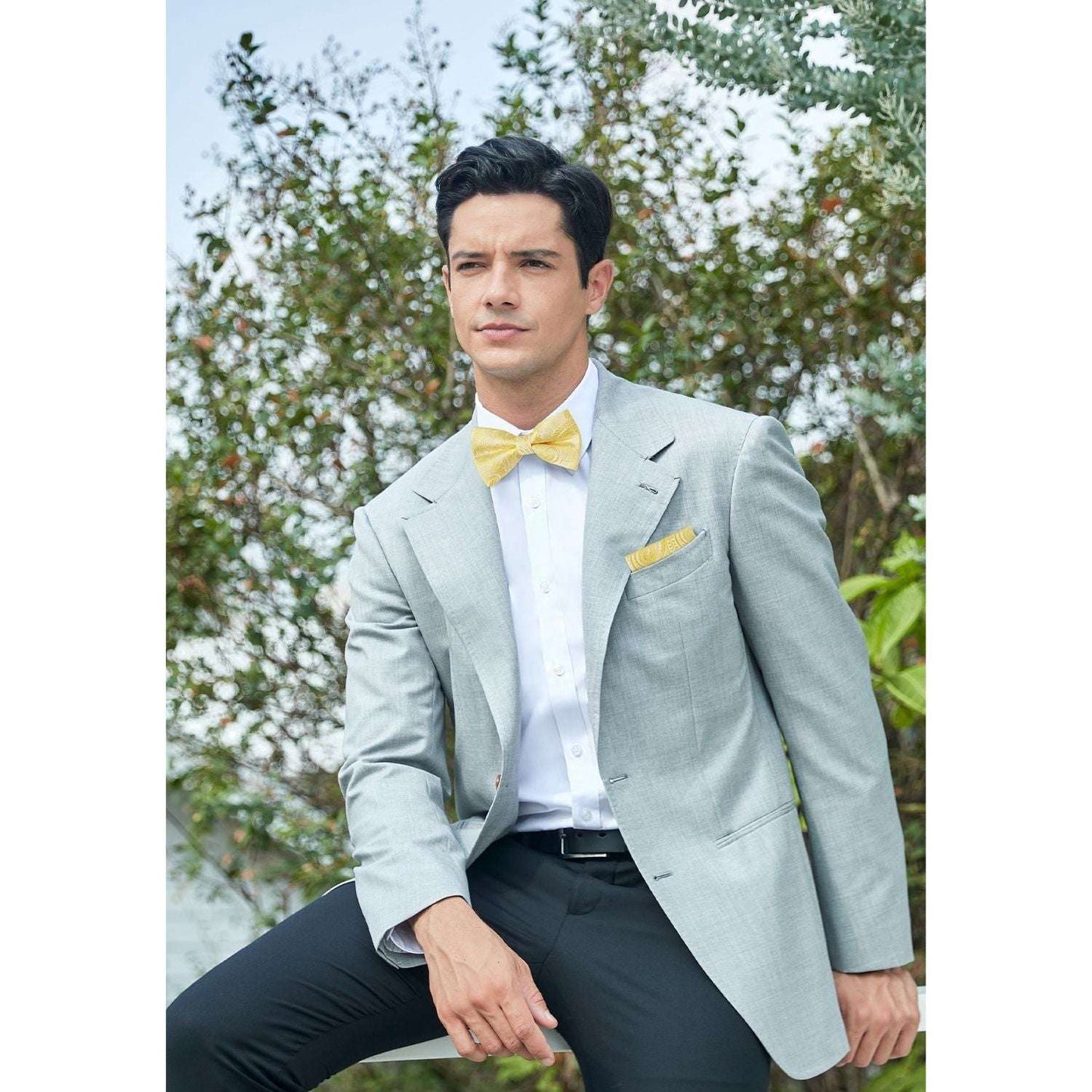 Hisdern Yellow Paisley Pre-Tied Bow Tie Set for Wedding