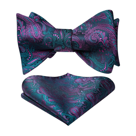 Hisdern Vintage Navy Blue And Purple Paisley Bow Tie Set for wedding