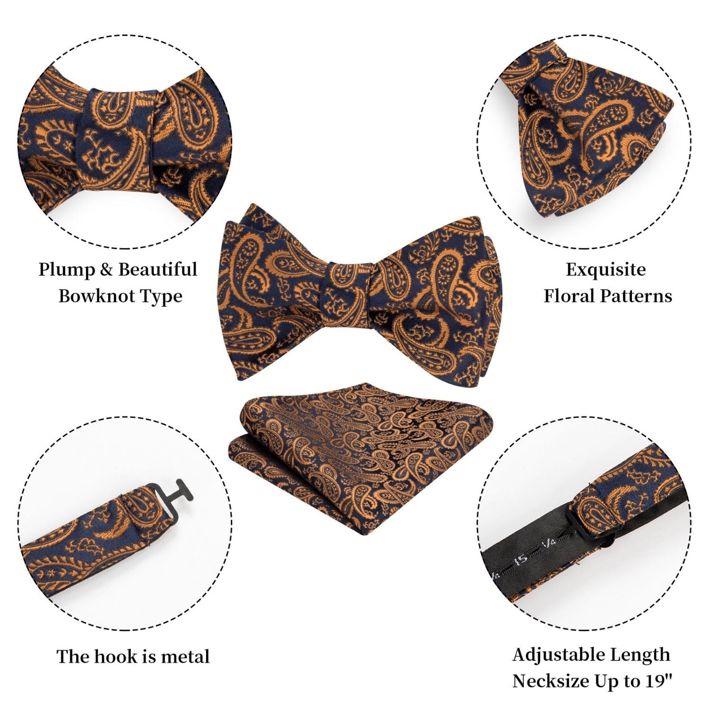 Hisdern Vintage Brown Gold Paisley Bow Tie Set