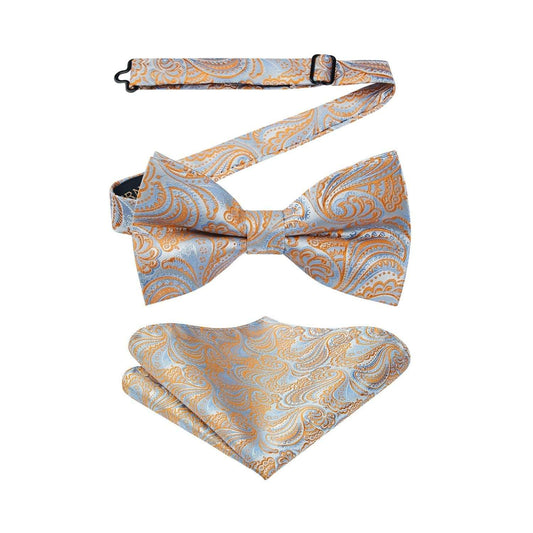 Hisdern Orange Blue Paisley Pre-Tied Bow Tie Set for Wedding