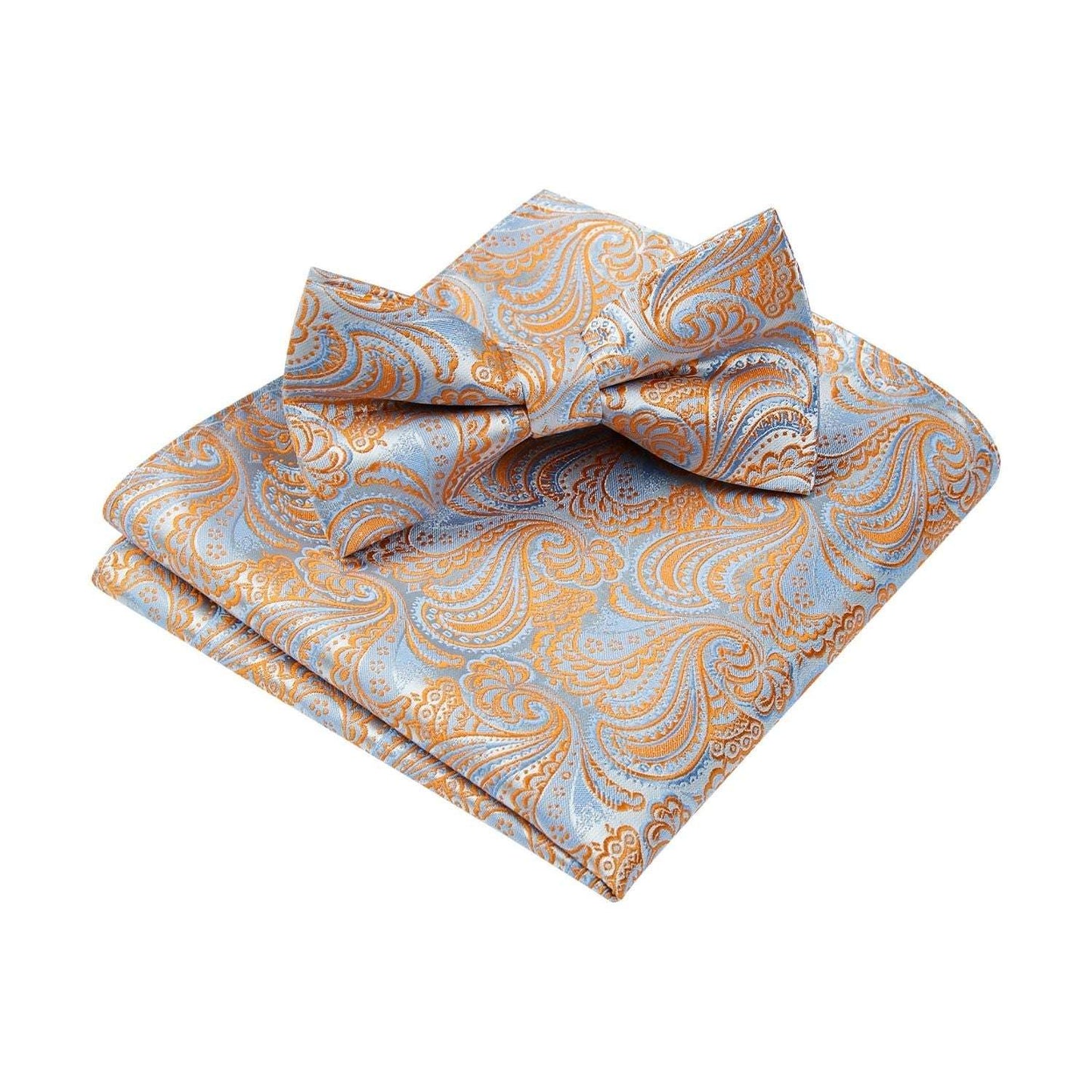 Hisdern Orange Blue Paisley Pre-Tied Bow Tie Set for Wedding