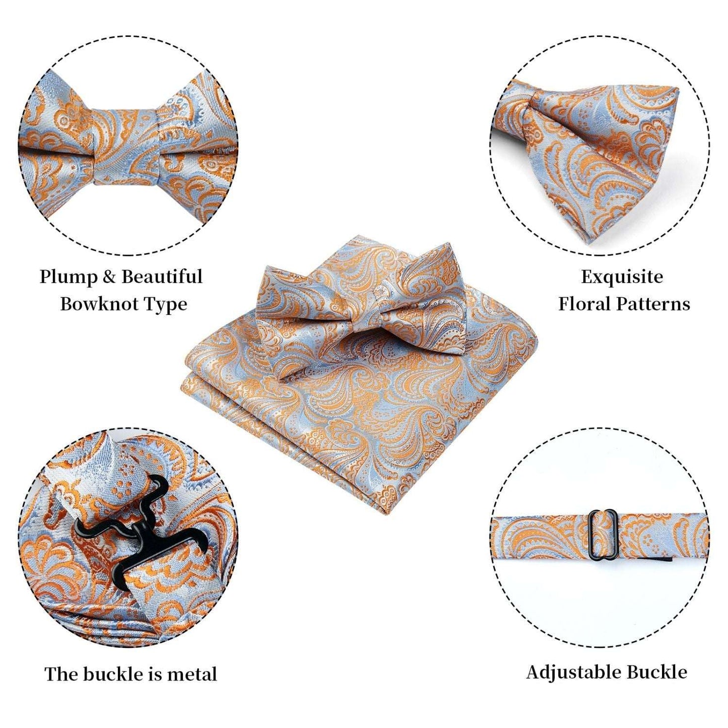 Hisdern Orange Blue Paisley Pre-Tied Bow Tie Set for Wedding