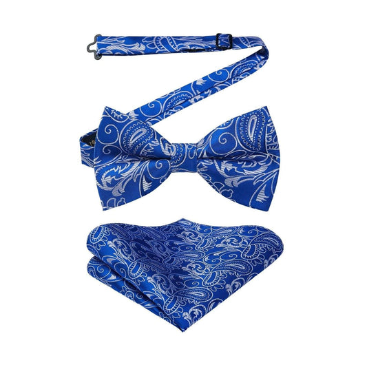 Hisdern Sapphire Blue Paisley Pre-Tied Bow Tie Set for Wedding