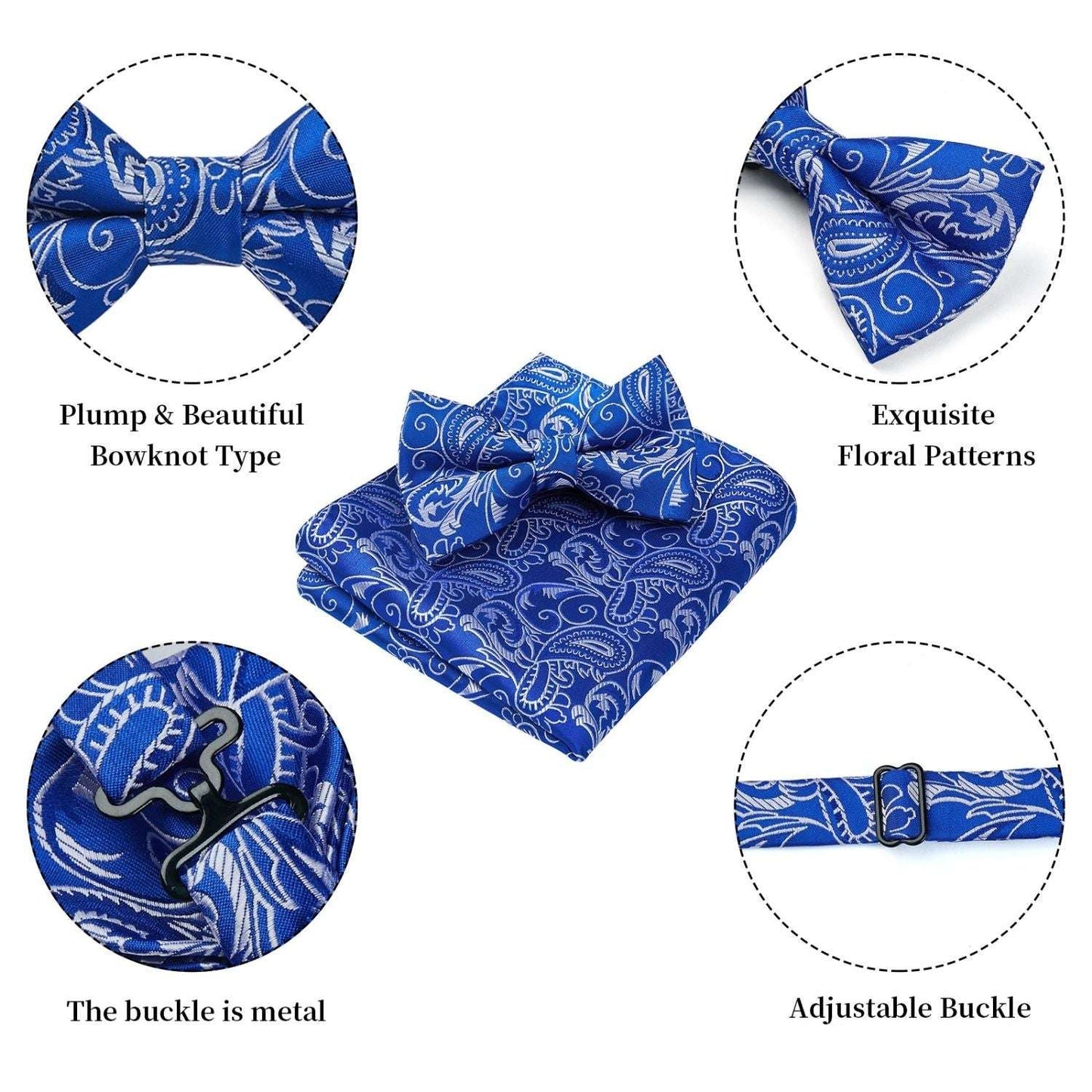 Hisdern Sapphire Blue Paisley Pre-Tied Bow Tie Set for Wedding
