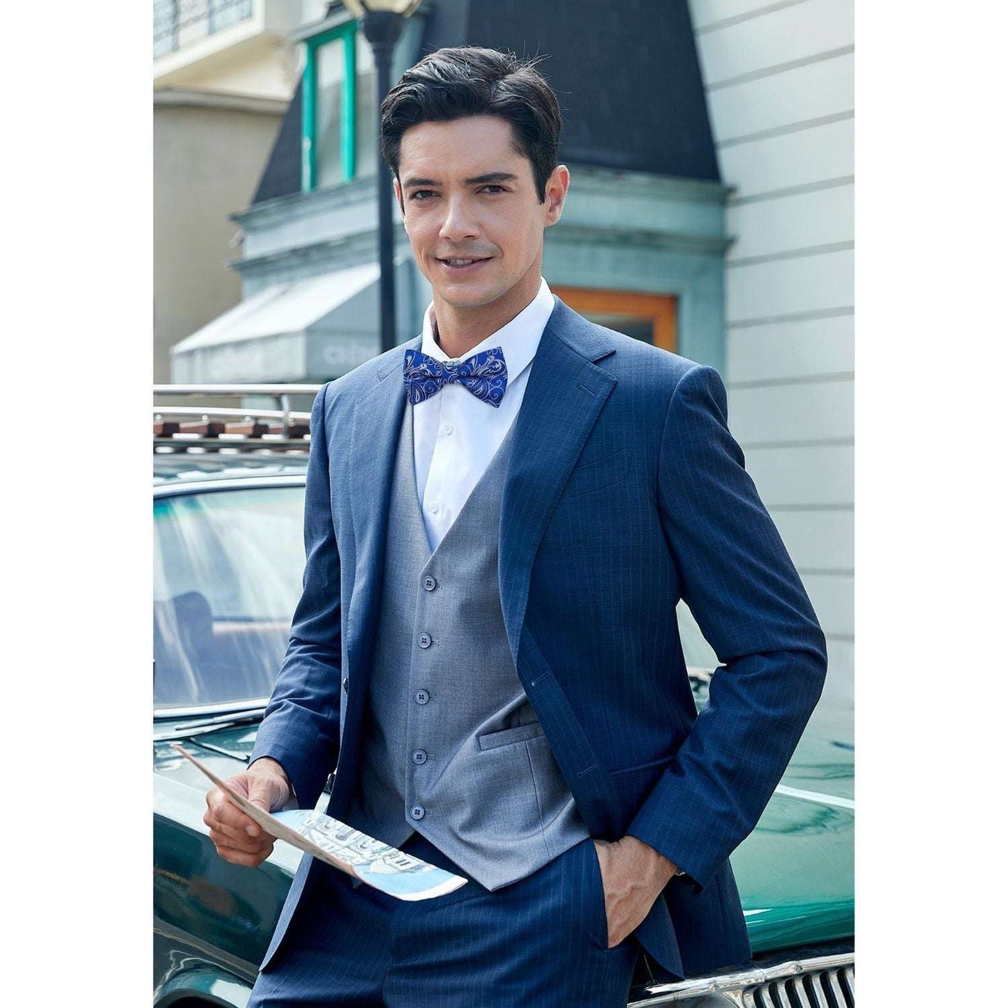 Hisdern Sapphire Blue Paisley Pre-Tied Bow Tie Set for Wedding