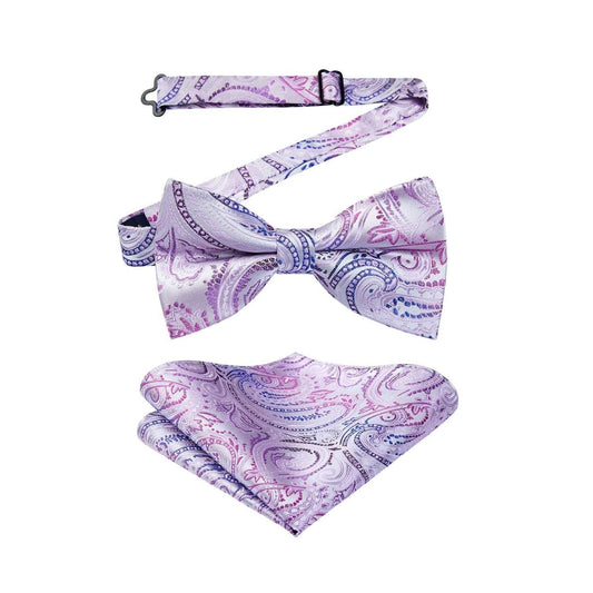Hisdern Light Purple Paisley Pre-Tied Bow Tie Set for Wedding
