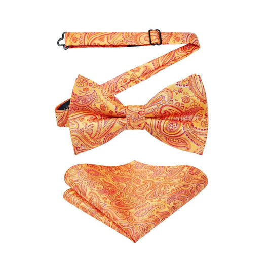 Hisdern Orange Paisley Pre-Tied Bow Tie Set for Wedding