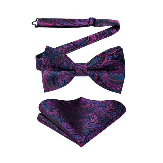 Hisdern Black Purple Paisley Pre-Tied Bow Tie Set for Wedding
