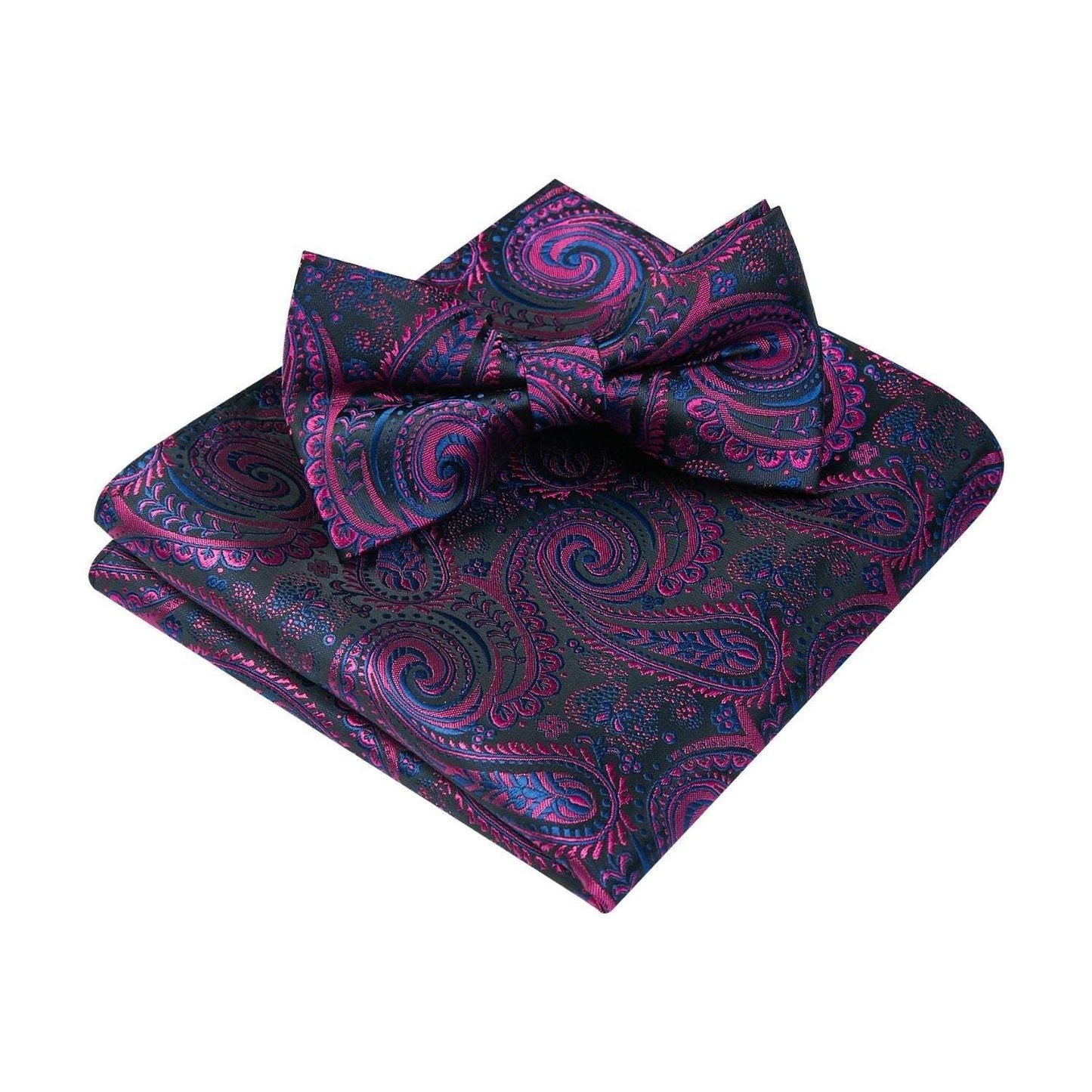 Hisdern Black Purple Paisley Pre-Tied Bow Tie Set for Wedding