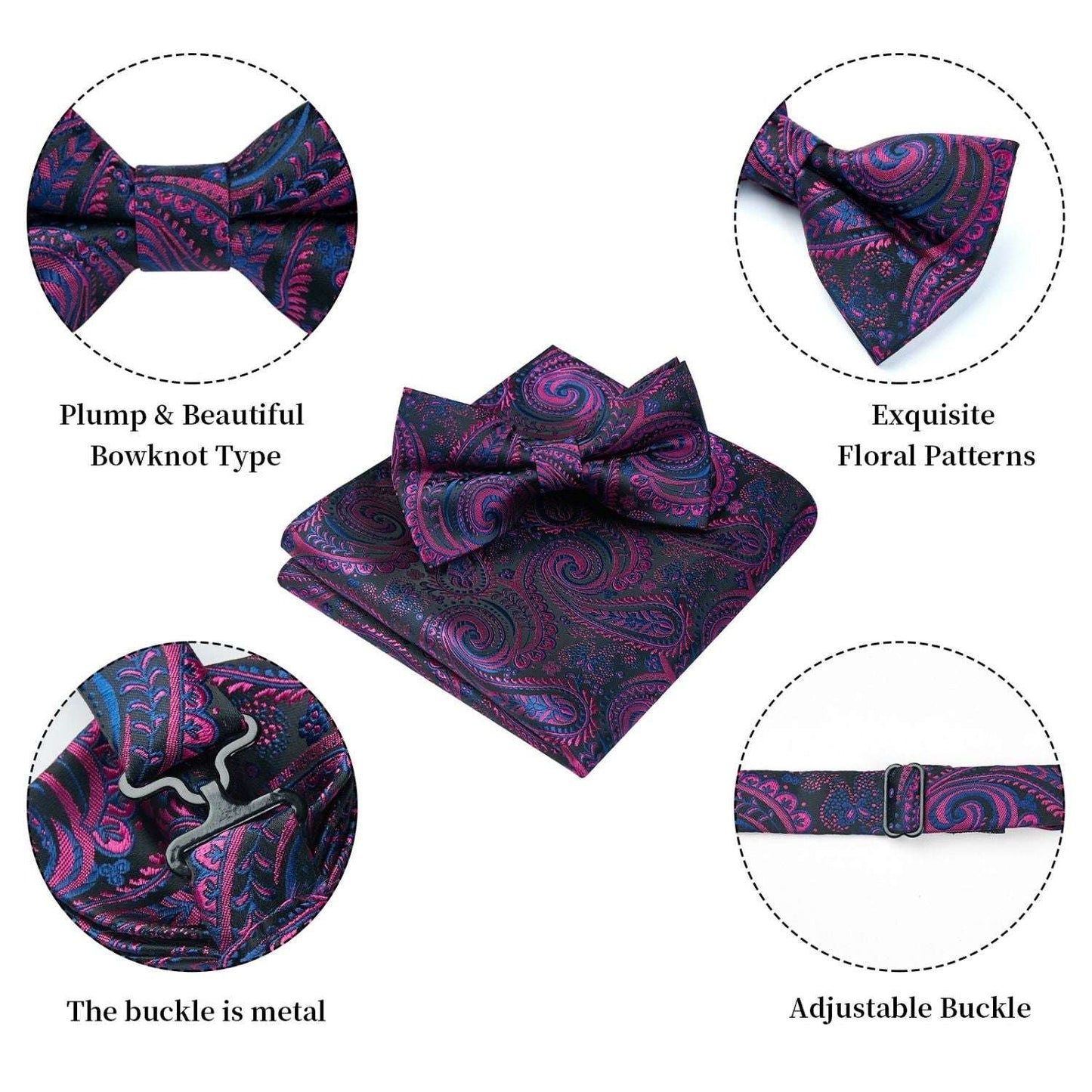 Hisdern Black Purple Paisley Pre-Tied Bow Tie Set for Wedding