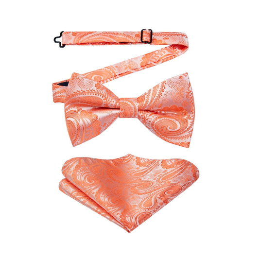 Hisdern Orange Paisley Pre-Tied Bow Tie Set for Wedding