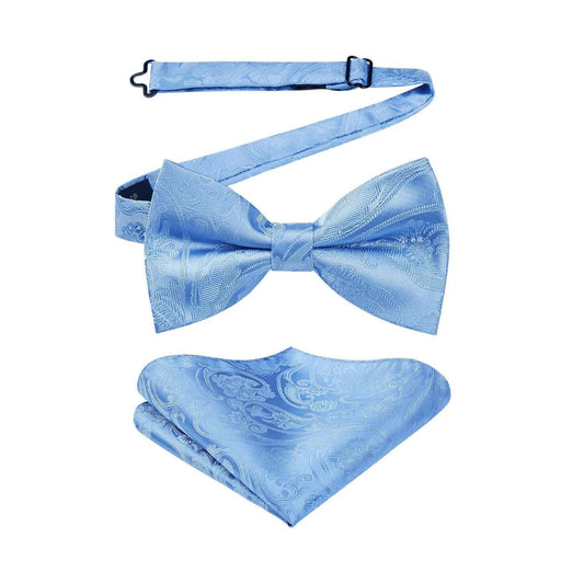 Hisdern Sky Blue Paisley Pre-Tied Bow Tie Set for Wedding