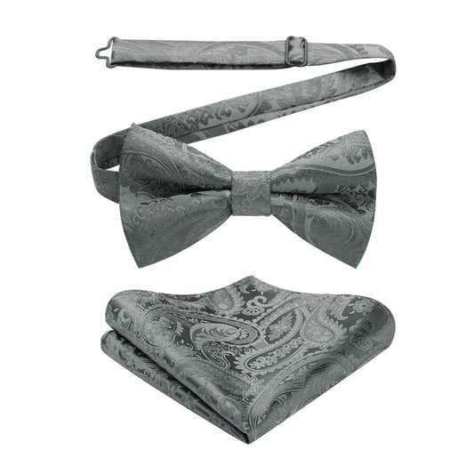 Hisdern Grey Paisley Pre-Tied Bow Tie Set for Wedding