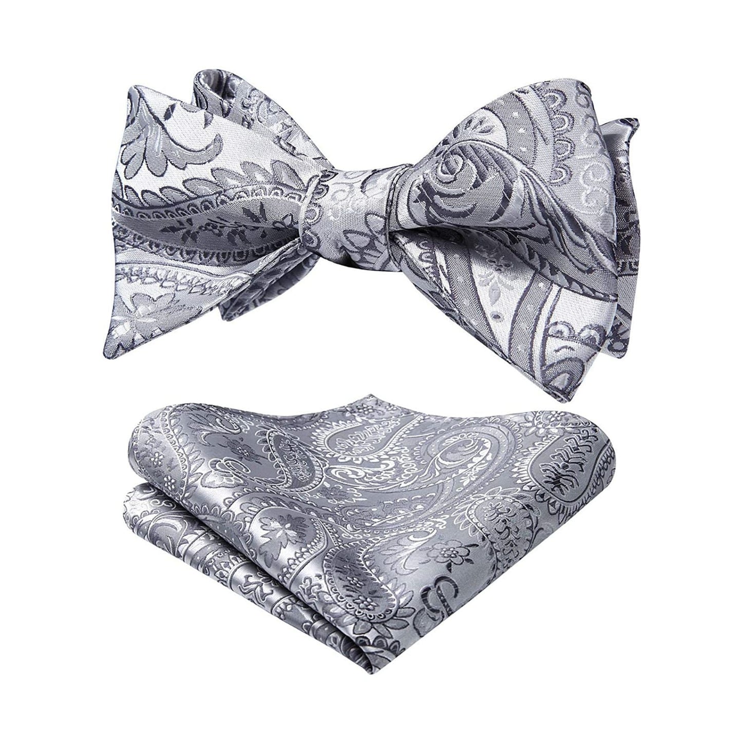 Hisdern Grey Silver Paisley Bow Tie Set For Evening Wear