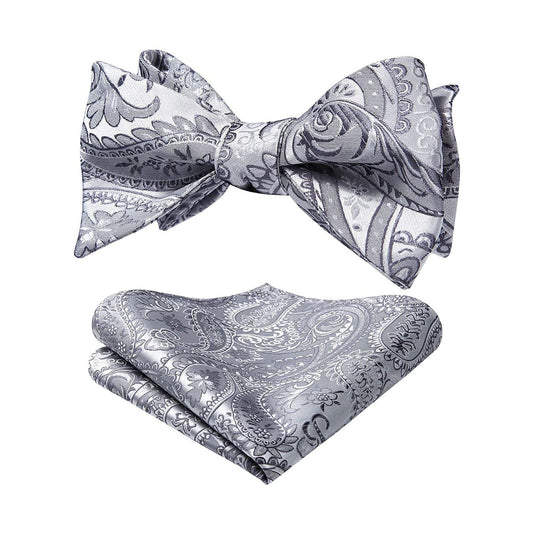 Hisdern Grey Silver Paisley Bow Tie Set For Evening Wear