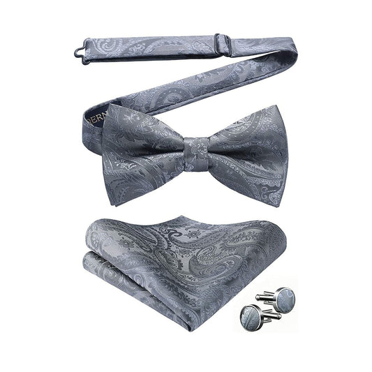 Hisdern Grey Paisley Pre-Tied Bow Tie Handkerchief with Cufflinks