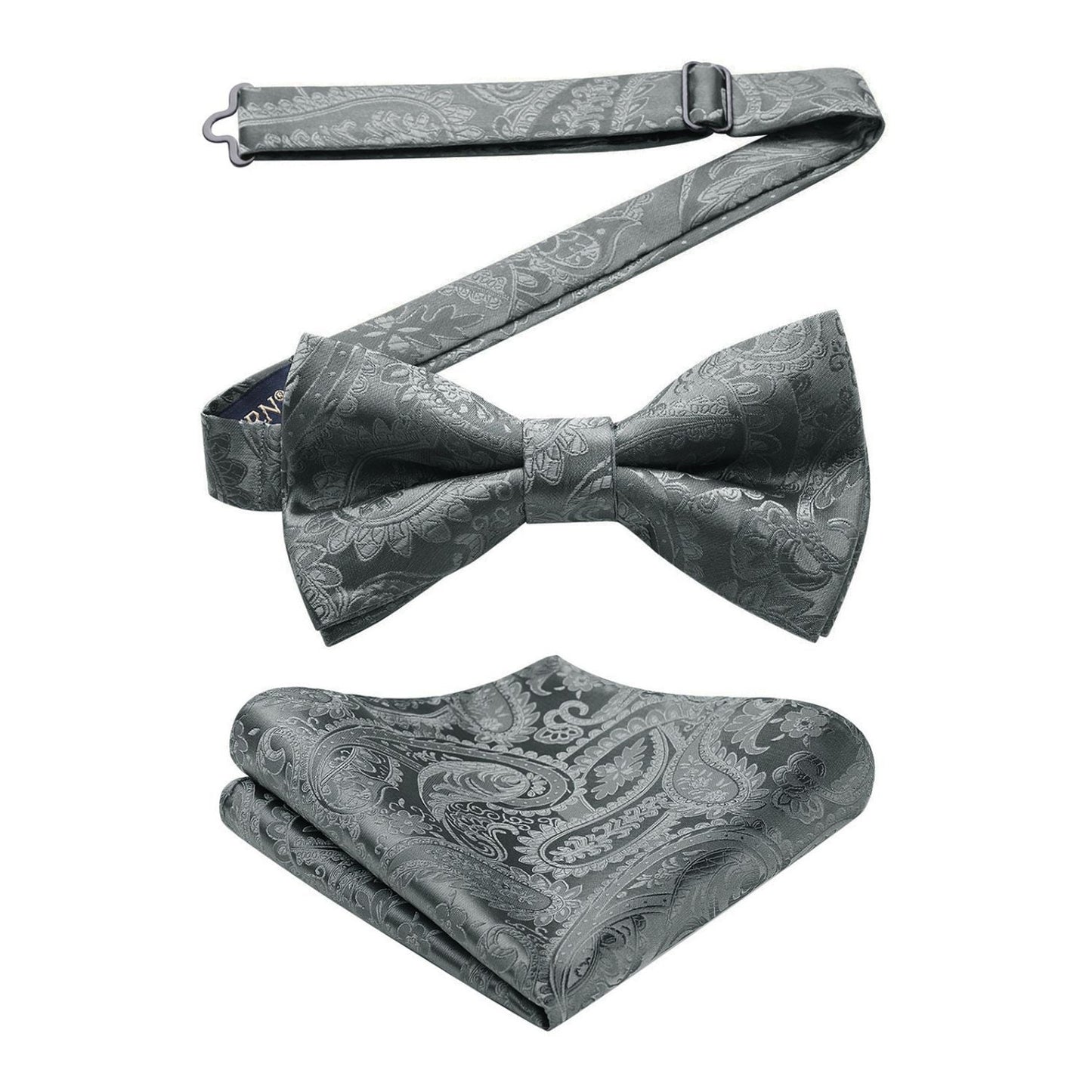 Hisdern Grey Paisley Pre-Tied Bow Tie Set for Wedding