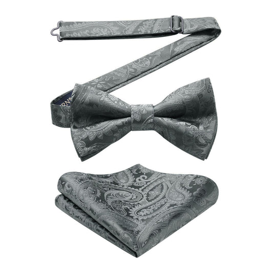 Hisdern Grey Paisley Pre-Tied Bow Tie Set for Wedding